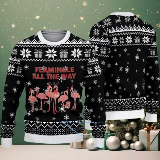 Black Ugly Christmas Sweater with White Snowflake Pattern Featuring Pink Flamingo and Gift Motif
