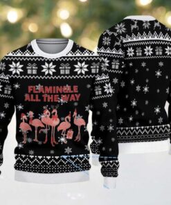 Black Ugly Christmas Sweater with White Snowflake Pattern Featuring Pink Flamingo and Gift Motif