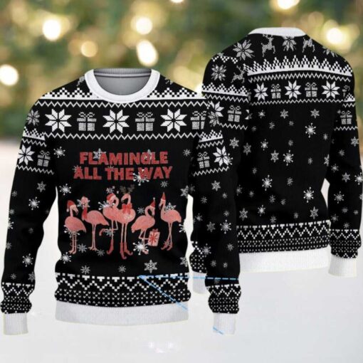 Black Ugly Christmas Sweater with White Snowflake Pattern Featuring Pink Flamingo and Gift Motif
