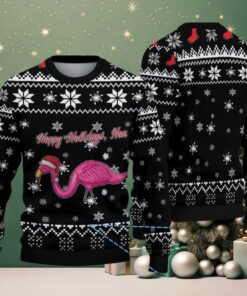 Black Ugly Christmas Sweater with White Snowflake Pattern Featuring Pink Flamingo in Santa Hat