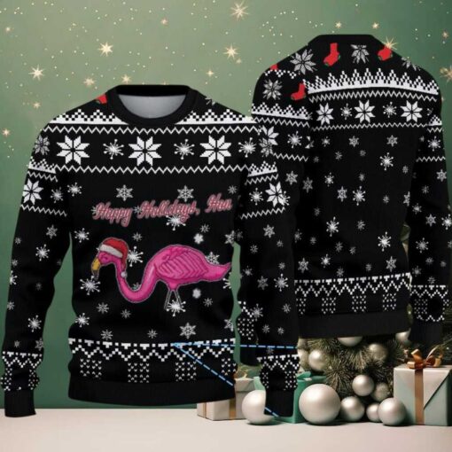 Black Ugly Christmas Sweater with White Snowflake Pattern Featuring Pink Flamingo in Santa Hat
