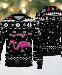 Black Ugly Christmas Sweater with White Snowflake Pattern Featuring Pink Flamingo in Santa Hat