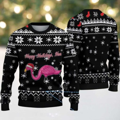 Black Ugly Christmas Sweater with White Snowflake Pattern Featuring Pink Flamingo in Santa Hat