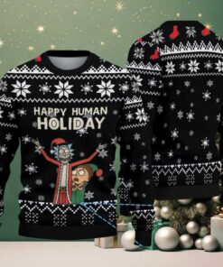 Black Ugly Christmas Sweater with White Snowflake Pattern Featuring Rick and Morty Happy Human Holiday