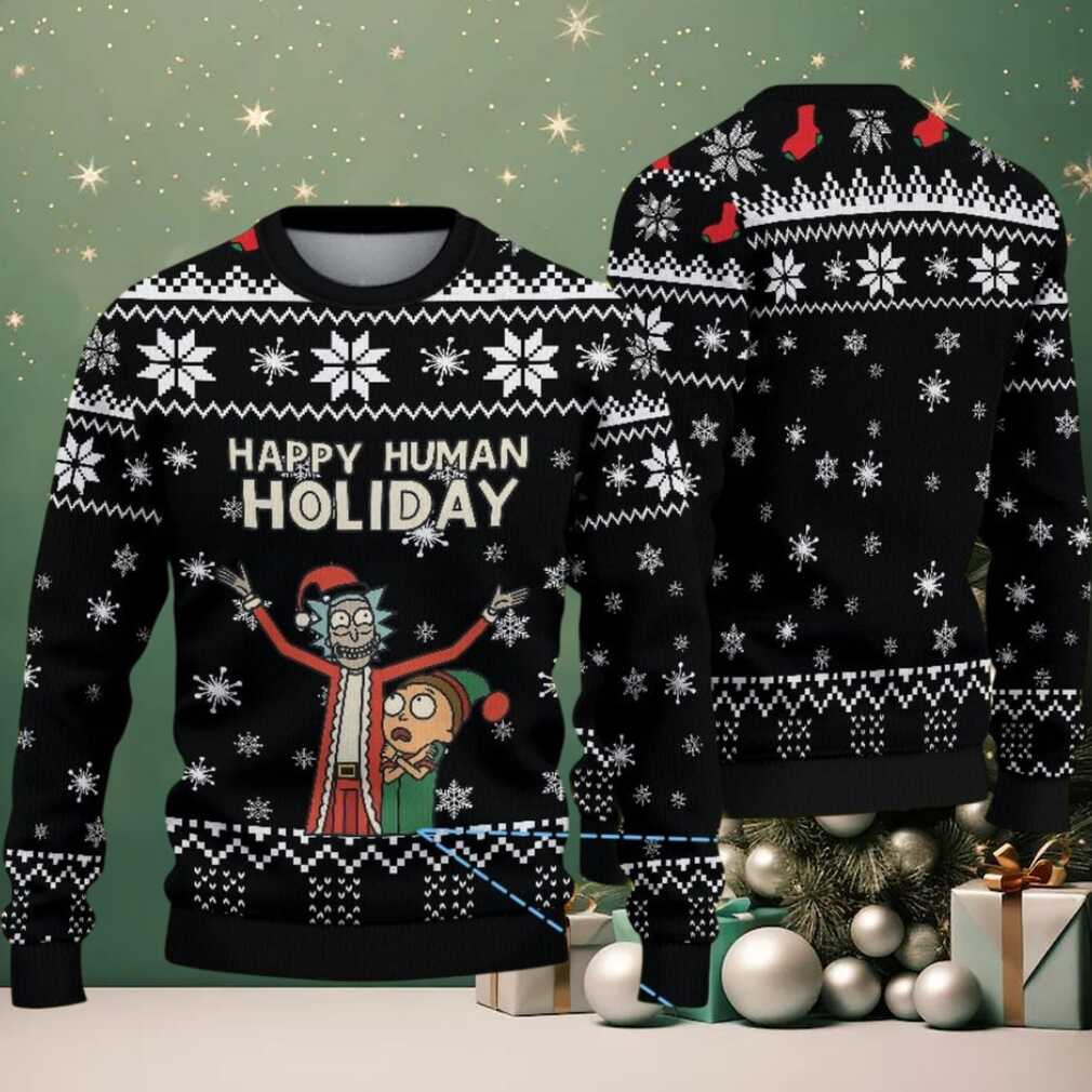 Black Ugly Christmas Sweater with White Snowflake Pattern Featuring Rick and Morty Happy Human Holiday, hoodie, sweater, long sleeve and tank top Rick and Morty Happy Human Holiday Ugly Christmas Sweater front view