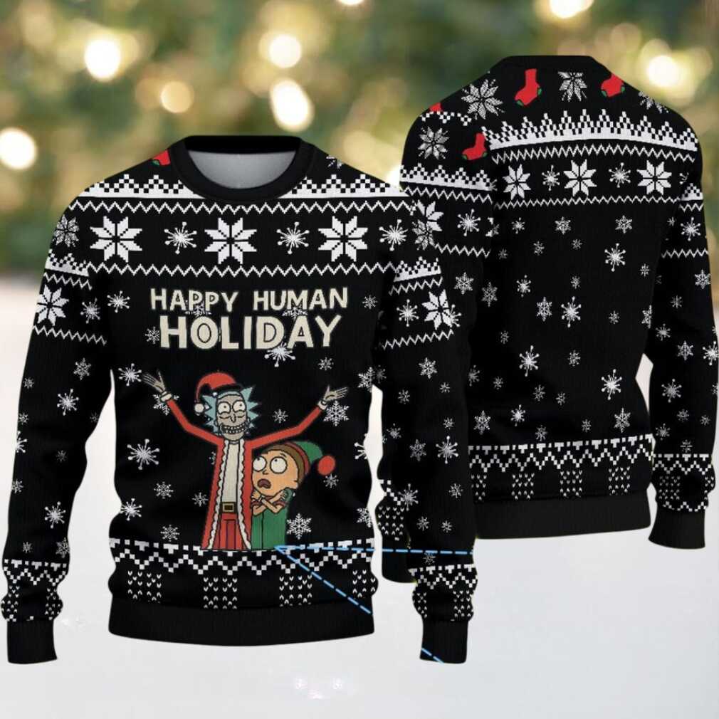 Black Ugly Christmas Sweater with White Snowflake Pattern Featuring Rick and Morty Happy Human Holiday, hoodie, sweater, long sleeve and tank top Rick and Morty Happy Human Holiday Ugly Christmas Sweater back view