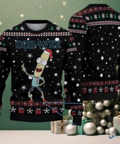Black Ugly Christmas Sweater with White Snowflake Pattern Featuring Rick and Morty Mr. Poopybutthole Ooh Wee
