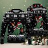 Dark Green Ugly Christmas Sweater with Red Heart and Geometric Pattern Featuring Cat Riding Pink Flamingo