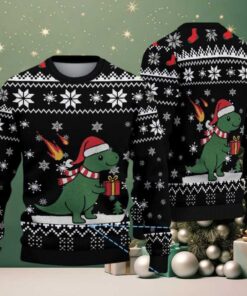 Black Ugly Christmas Sweater with White Snowflake Pattern Featuring Santa Dinosaur with Gift