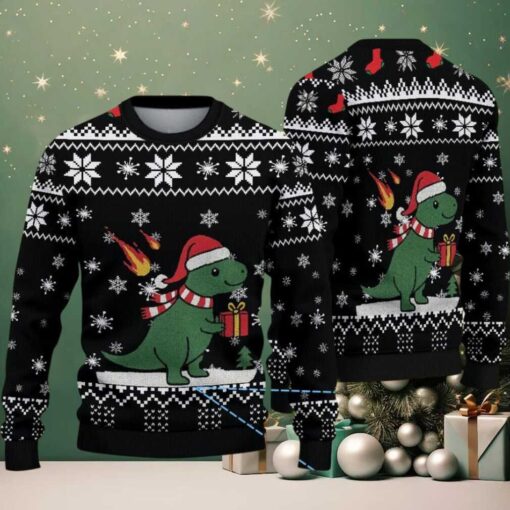 Black Ugly Christmas Sweater with White Snowflake Pattern Featuring Santa Dinosaur with Gift