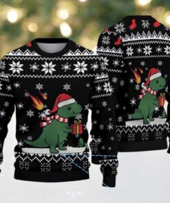Black Ugly Christmas Sweater with White Snowflake Pattern Featuring Santa Dinosaur with Gift