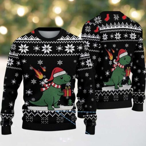 Black Ugly Christmas Sweater with White Snowflake Pattern Featuring Santa Dinosaur with Gift