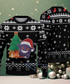 Black Ugly Christmas Sweater with White Snowflake Patterns Featuring Pokémon Gengar in Santa Hat with Christmas Tree and Gift
