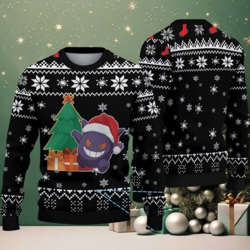 Black Ugly Christmas Sweater with White Snowflake Patterns Featuring Pokémon Gengar in Santa Hat with Christmas Tree and Gift