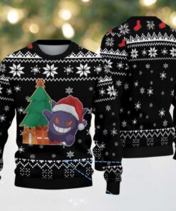 Black Ugly Christmas Sweater with White Snowflake Patterns Featuring Pokémon Gengar in Santa Hat with Christmas Tree and Gift
