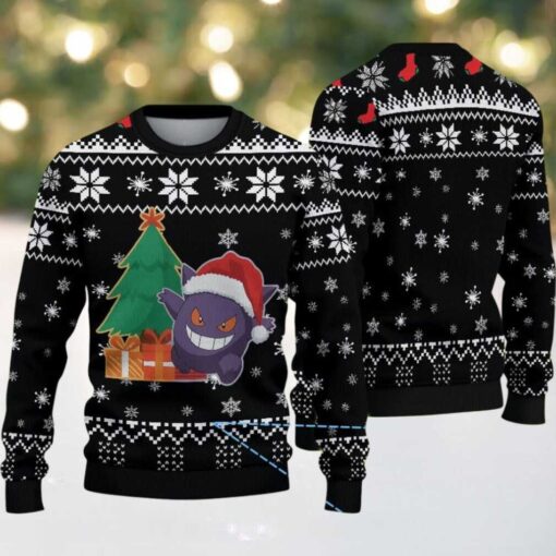 Black Ugly Christmas Sweater with White Snowflake Patterns Featuring Pokémon Gengar in Santa Hat with Christmas Tree and Gift
