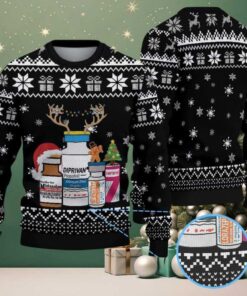 Black Ugly Christmas Sweater with White Snowflake and Gift Pattern Featuring Nurse Theme with Medical Bottles and Christmas Elements