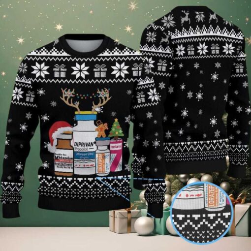Black Ugly Christmas Sweater with White Snowflake and Gift Pattern Featuring Nurse Theme with Medical Bottles and Christmas Elements