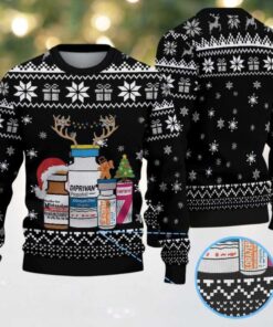 Black Ugly Christmas Sweater with White Snowflake and Gift Pattern Featuring Nurse Theme with Medical Bottles and Christmas Elements