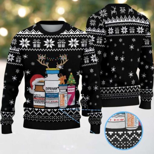 Black Ugly Christmas Sweater with White Snowflake and Gift Pattern Featuring Nurse Theme with Medical Bottles and Christmas Elements