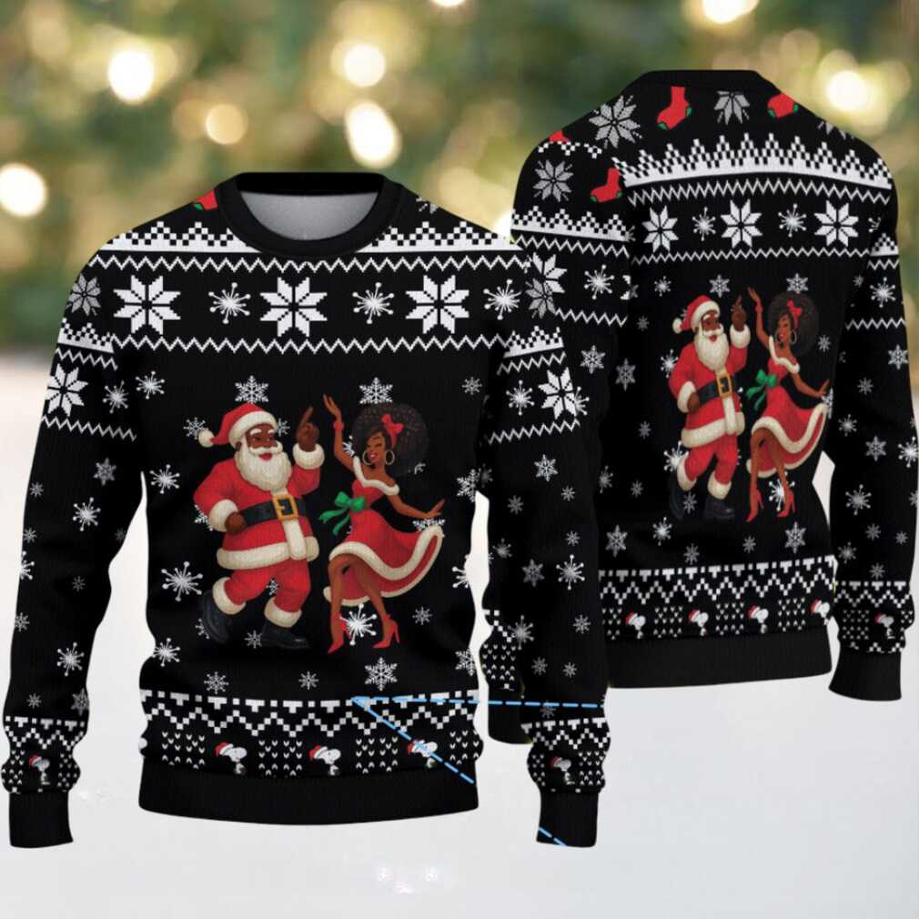 Black & White Dancing Black Santa & Mrs. Claus Ugly Christmas Sweater - Detail View