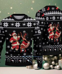 Black & White Dancing Black Santa & Mrs. Claus with Snowflake and Gift Pattern – Vintage Ugly Christmas Sweater