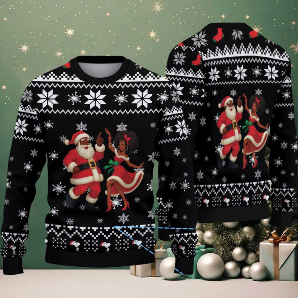 Black & White Dancing Black Santa & Mrs. Claus with Snowflake and Gift Pattern – Vintage Ugly Christmas Sweater Black & White Dancing Black Santa & Mrs. Claus with Snowflake and Gift Pattern – Vintage Ugly Christmas Sweater