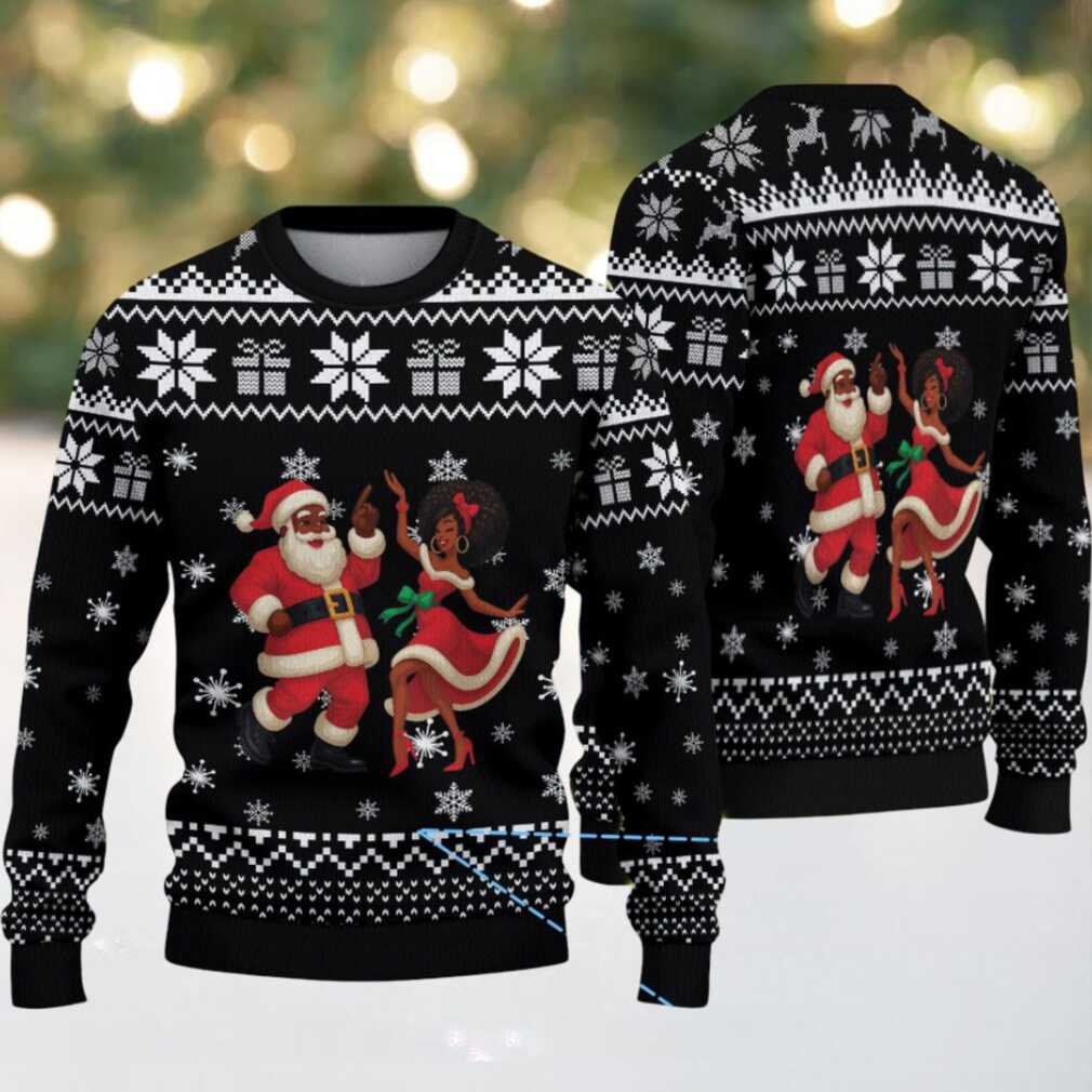 Black & White Dancing Black Santa and Mrs. Claus with Snowflake Gift Knit Pattern – Vintage Ugly Christmas Sweater Black & White Dancing Black Santa and Mrs. Claus with Snowflake Gift Knit Pattern – Vintage Ugly Christmas Sweater