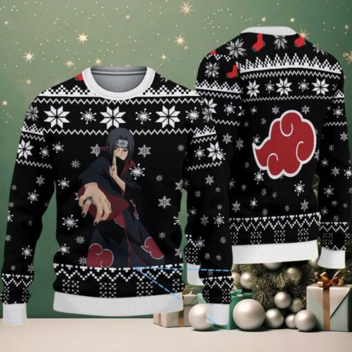 Black White Snowflake Pattern Akatsuki Itachi Naruto Ugly Christmas Sweater