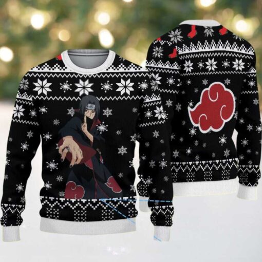 Black White Snowflake Pattern Akatsuki Itachi Naruto Ugly Christmas Sweater