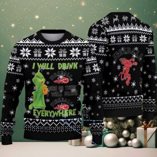 Black & White Snowflake Pattern “Fireball Cinnamon Whisky & Grinch” Ugly Christmas Sweater