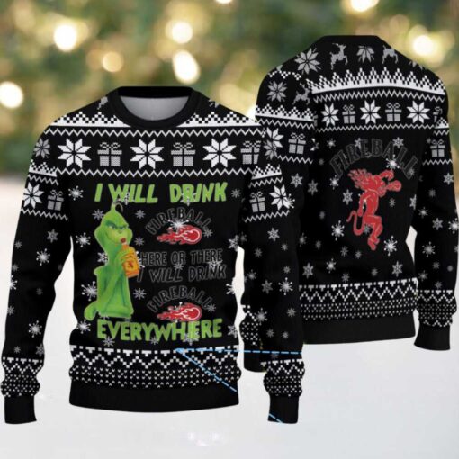 Black & White Snowflake Pattern “Fireball Cinnamon Whisky & Grinch” Ugly Christmas Sweater
