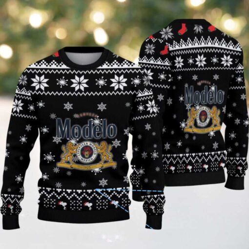 Black & White Snowflake Pattern “Modelo Beer Logo Edition” Ugly Christmas Sweater