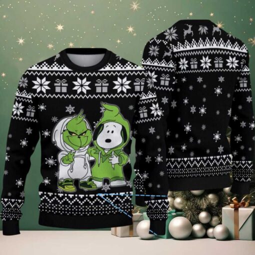 Black White Snowflake and Gift Pattern Grinch x Snoopy Tito’s Handmade Vodka Ugly Christmas Sweater