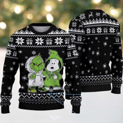 Black White Snowflake and Gift Pattern Grinch x Snoopy Tito’s Handmade Vodka Ugly Christmas Sweater
