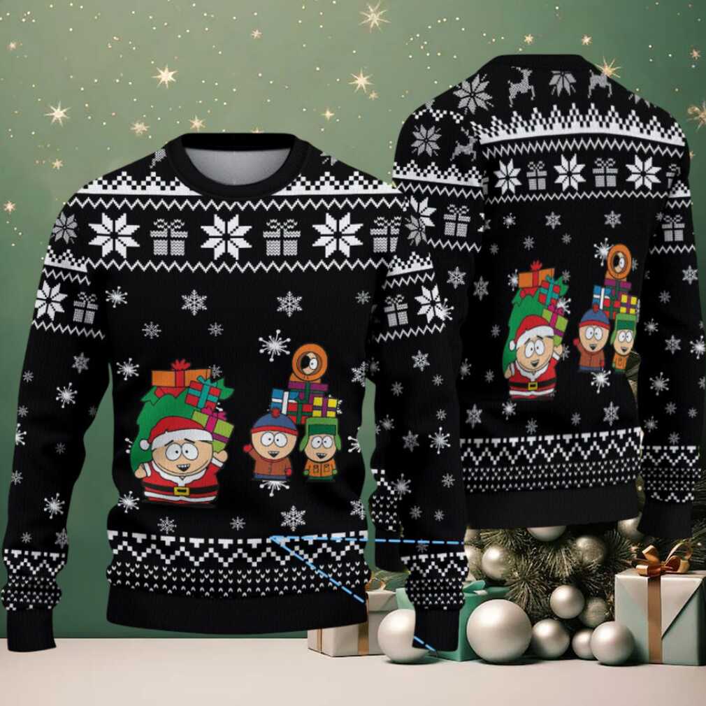 Black & White South Park Characters with Christmas Gifts Snowflake Pattern – Vintage Ugly Christmas Sweater - Front View