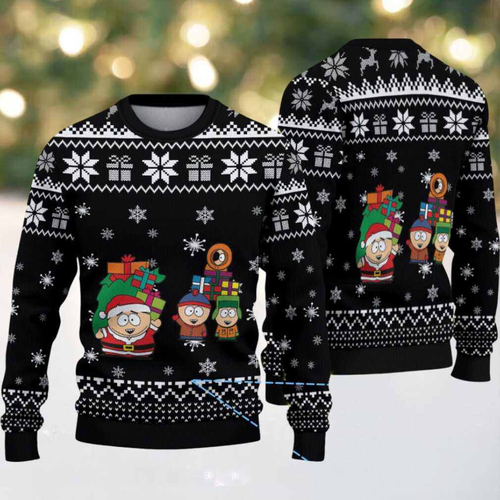 Black & White South Park Characters with Christmas Gifts Snowflake Pattern – Vintage Ugly Christmas Sweater - Detail View