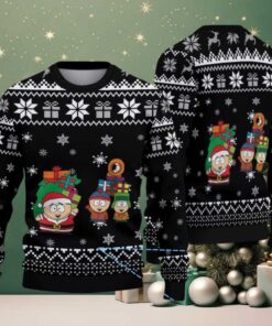 Black & White South Park Characters with Christmas Gifts Snowflake Pattern – Vintage Ugly Christmas Sweater