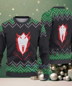 Black and Green Chevron Pattern “Fiery Krampus Face with Pitchforks” Ugly Christmas Sweater