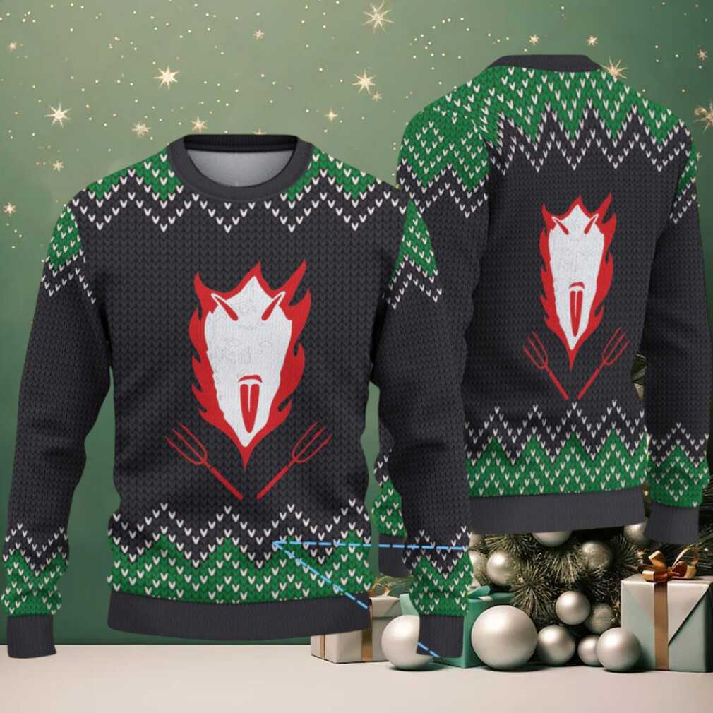 Black and Green Chevron Pattern “Fiery Krampus Face with Pitchforks” Ugly Christmas Sweater Black and Green Chevron Pattern “Fiery Krampus Face with Pitchforks” Ugly Christmas Sweater