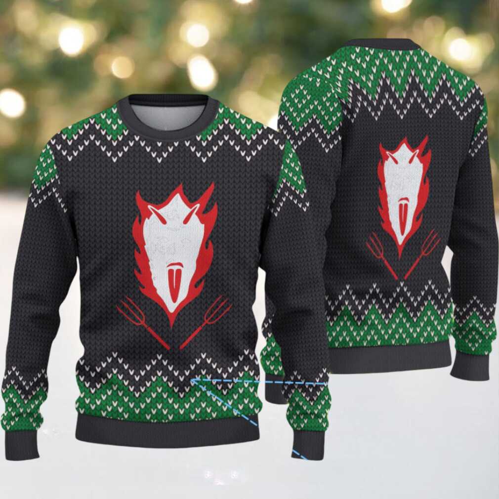 Black and Green Chevron Pattern “Fiery Krampus Face with Pitchforks” Ugly Christmas Sweater Black and Green Chevron Pattern “Fiery Krampus Face with Pitchforks” Ugly Christmas Sweater