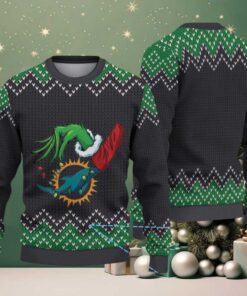 Black and Green Chevron Pattern “Grinch Hand Miami Dolphins Logo” Ugly Christmas Sweater Black and Green Chevron Pattern “Grinch Hand Miami Dolphins Logo” Ugly Christmas Sweater