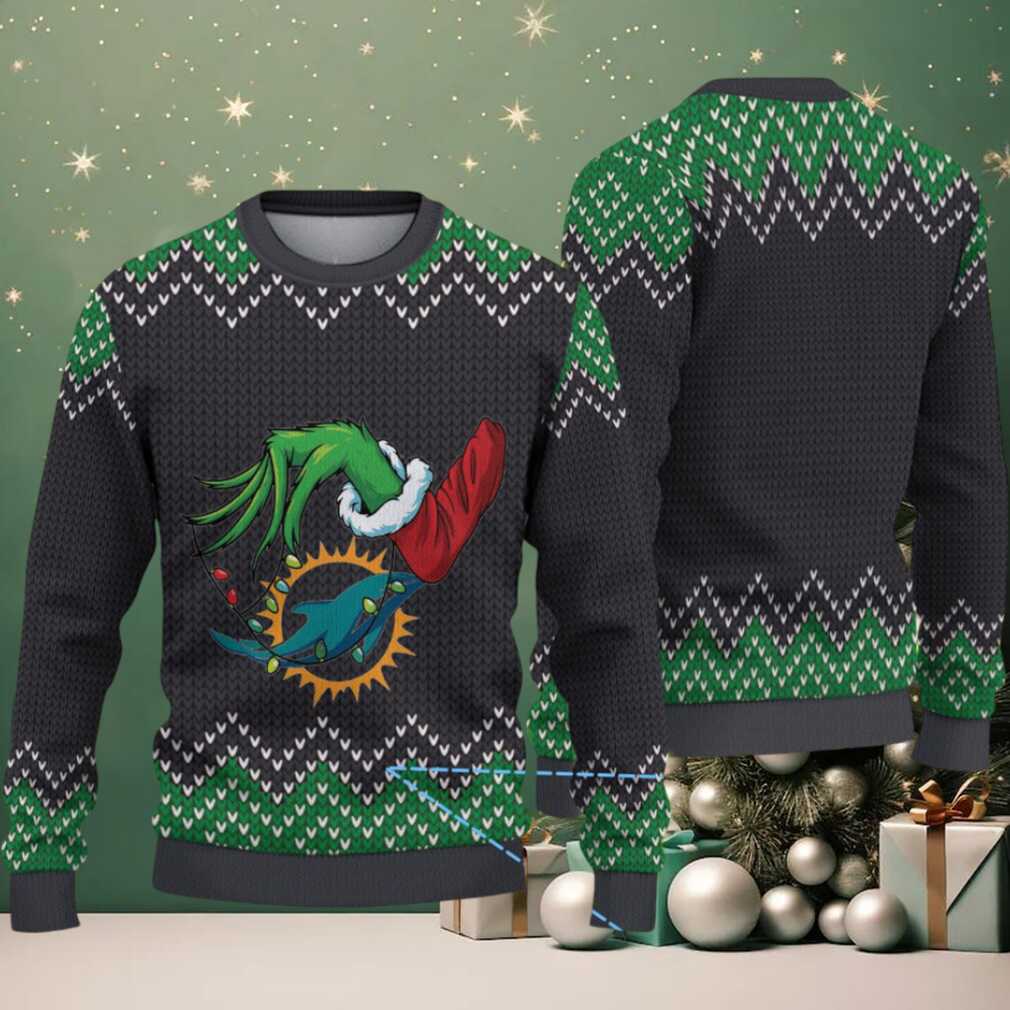 Black and Green Chevron Pattern “Grinch Hand Miami Dolphins Logo” Ugly Christmas Sweater Black and Green Chevron Pattern “Grinch Hand Miami Dolphins Logo” Ugly Christmas Sweater