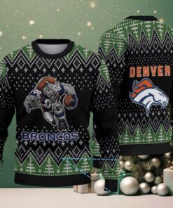 Black and Green Denver Broncos Christmas Tree Pattern Vintage Ugly Christmas Sweater – Mascot Football Design