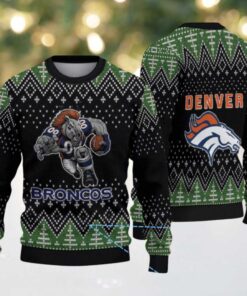 Black and Green Denver Broncos Christmas Tree Pattern Vintage Ugly Christmas Sweater – Mascot Football Design