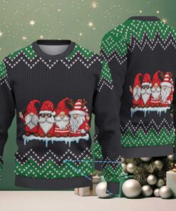 Black and Green Four Christmas Gnomes with Zigzag Tree Knit Pattern Vintage Ugly Christmas Sweater