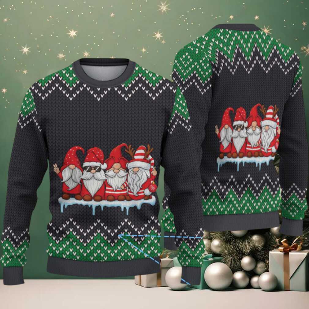 Black and Green Four Christmas Gnomes with Zigzag Tree Knit Pattern Vintage Ugly Christmas Sweater Black and Green Four Christmas Gnomes with Zigzag Tree Knit Pattern Vintage Ugly Christmas Sweater