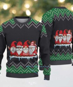 Black and Green Four Christmas Gnomes with Zigzag Tree Knit Pattern Vintage Ugly Christmas Sweater