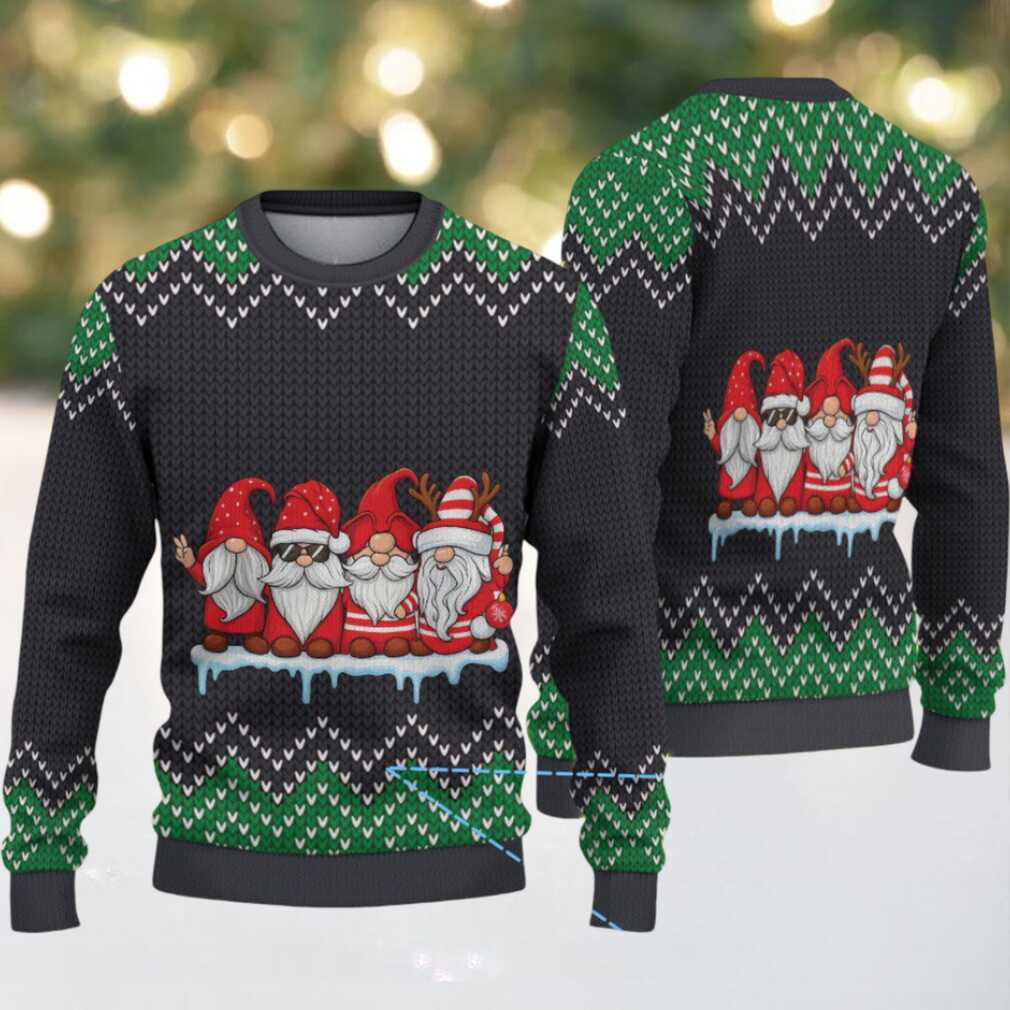 Black and Green Four Christmas Gnomes with Zigzag Tree Knit Pattern Vintage Ugly Christmas Sweater Black and Green Four Christmas Gnomes with Zigzag Tree Knit Pattern Vintage Ugly Christmas Sweater