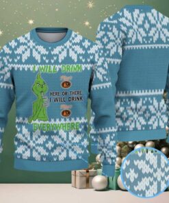 Blue White Knitted Pattern “I Will Drink Tito’s Everywhere” Ugly Christmas Sweater Featuring Tito’s Handmade Vodka